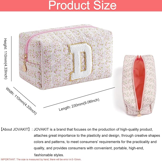 JOVAKIT Makeup Bag Cosmetic Bags for Women, Christmas Gifts for Girls Age 6-18, Alphabet Pink Floral Coquette Zipper Travel Makeup Pouch, Organizer Case Trendy Stuff (Pink+ Blue D)