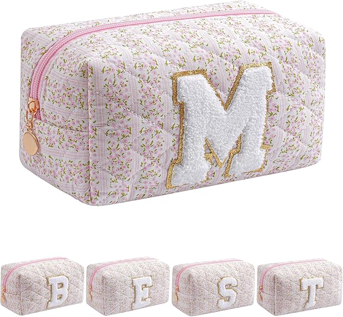 JOVAKIT Alphabet Makeup Bag Cosmetic Bag for Women, Christmas Gifts for Girls Age 6-18, Floral Flowers Coquette Travel Toiletry Zipper Make Up Pouch Organizer Trendy Stuff (Pink Floral M)