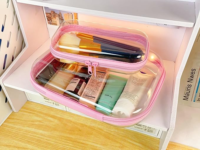 3PCS Clear Zipper Cases, Portable Clear Organizer Pouches for Travel, Double Zippered Hard Shell Plastic Case, Cosmetic Bag for Make Up Tools, Toiletries, Toy Storage (Pink, 2 Pack)