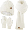 Winter Beanie Hat Scarf Gloves, Warm Fleece Knit Hat Long Scarf Neck Warmer Touch Screen Winter Gloves Set Gifts for Women