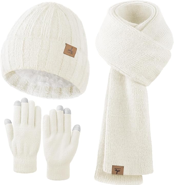 Winter Beanie Hat Scarf Gloves, Warm Fleece Knit Hat Long Scarf Neck Warmer Touch Screen Winter Gloves Set Gifts for Women