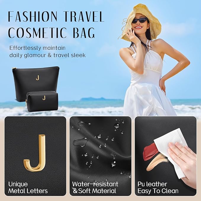 Women Gifts | Initial Makeup Bag Set for Girl Personalized Gifts for Bridesmaid Friend Graduation Teachers PU Leather Cosmetic Travel Toiletry Bag(Black,J)