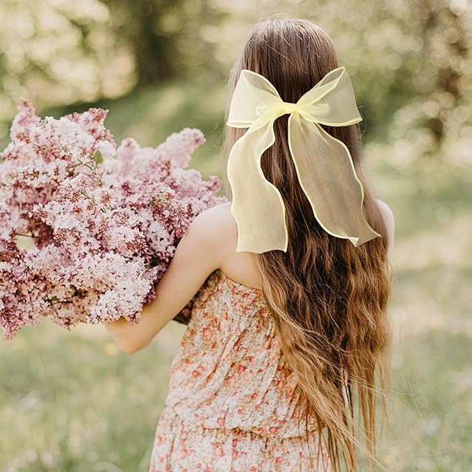 2Pcs Large Hair Bow Clips, Yellow Silk Lace Ribbon Bow for Women, Elegant Long Tail Bowknot French Hair Styling Barrette for Wedding, Parties, Daily Use