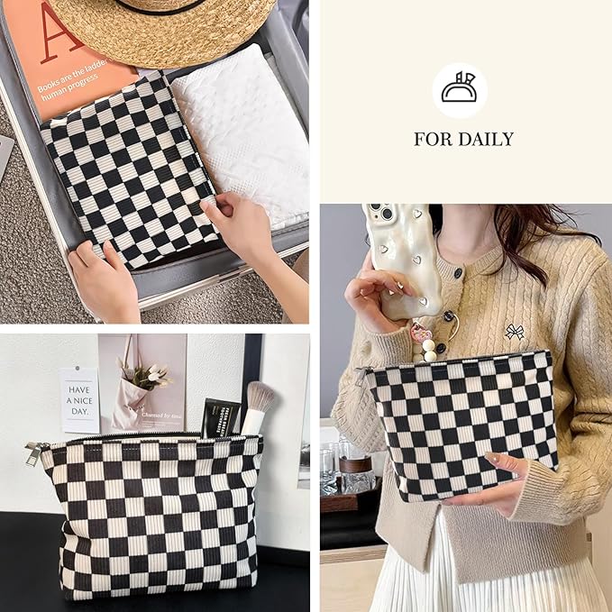 STARDW Corduroy Checkered Makeup Bag Cute Cosmetic Bags for Women Girls, Travel Toiletry Bag Large Capacity Zipper Makeup Pouch, Purse Organizer Pouches