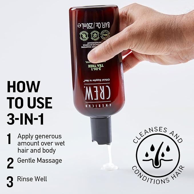 American Crew Shampoo, Conditioner & Body Wash for Men, 3-in-1, Gift for Men, Tea Tree Scent, 8.4 Fl Oz