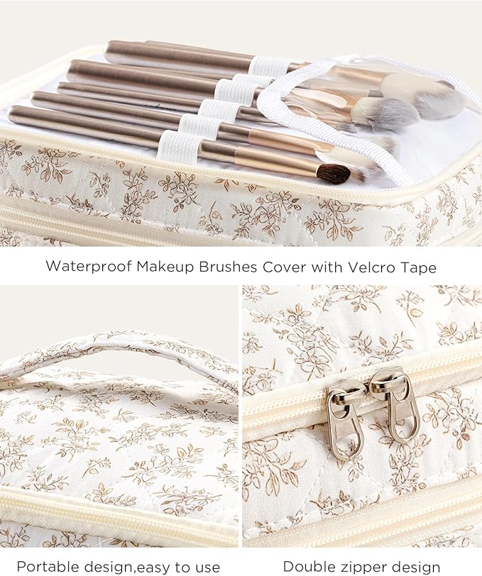 HBselect 2Pcs Travel Makeup Bag, Large Cotton Quilted Makeup Bag Cosmetic Bag Cute Make up Bag Toiletry Bags for Women Girls