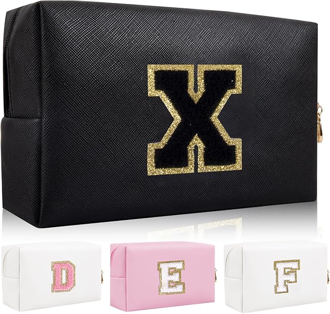 Personalized Initial Letter Patch Makeup Bag, Preppy Portable Chenille Cosmetic Bag with Zipper, PU Leather Waterproof Travel Toiletry Bag Monogram Make Up Pouch for Women Girls