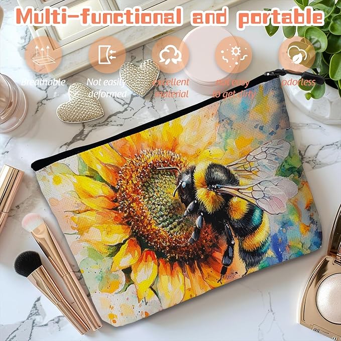 Cosmetic Bags Travel Makeup Toilet Case Waterproof Pouch for Women Girls 6.7X9.45inches - Bee on A Sunflower in Watercolor Painting