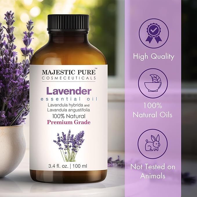 Majestic Pure Lavender Essential Oil with Glass Dropper - 3.4 Fl Oz - 100% Pure and Natural Lavender Oil - Premium Grade Essential Oils for Diffuser, Aromatherapy, Soap and Candle Making