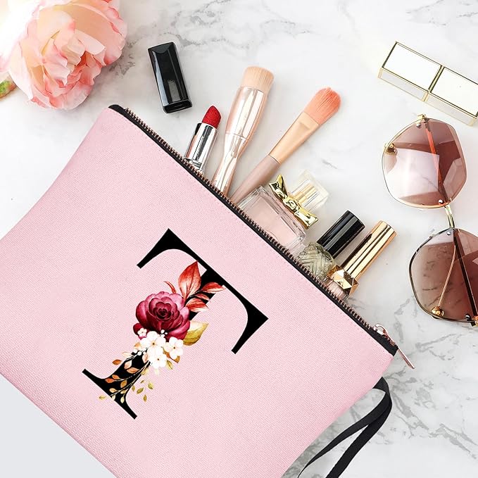 Vavabox A-Z Personalized Makeup Bag, Birthday Gifts for Women Mom, Gifts for Best Friend, Bride Bridesmaid Cosmetic bag (T, Pink)