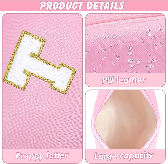 Initial Preppy Makeup Bag for Women Teen Girls Travel Small Cosmetic Bag Cute Pink Personalized Preppy Makeup Pouch Zippered Toiletry Bag Organizer PU Leather Aesthetic Makeup Bag（T）