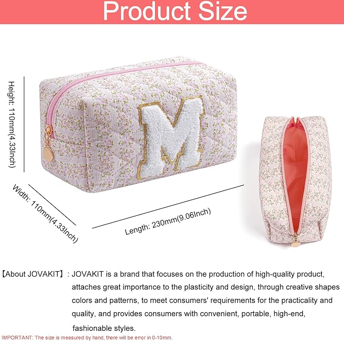 JOVAKIT Makeup Bag Cosmetic Bags for Women, Christmas Gifts for Girls Age 6-18, Alphabet Pink Floral Coquette Zipper Travel Makeup Pouch, Organizer Case Trendy Stuff (Pink+ Blue M)