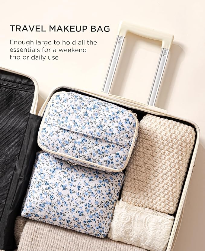 HBselect 2Pcs Travel Makeup Bag, Large Cotton Quilted Makeup Bag Cosmetic Bag Cute Make up Bag Toiletry Bags for Women Girls