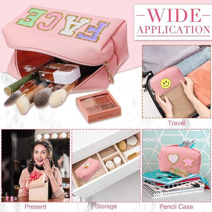 Sanwuta 9 Pcs Makeup Bags Bulk PU Double Zippers Cosmetic Bag Makeup Toiletry Christmas Small Pouch Portable Travel Organizers Case for Women Bridesmaid Party End of The Year(Pink)
