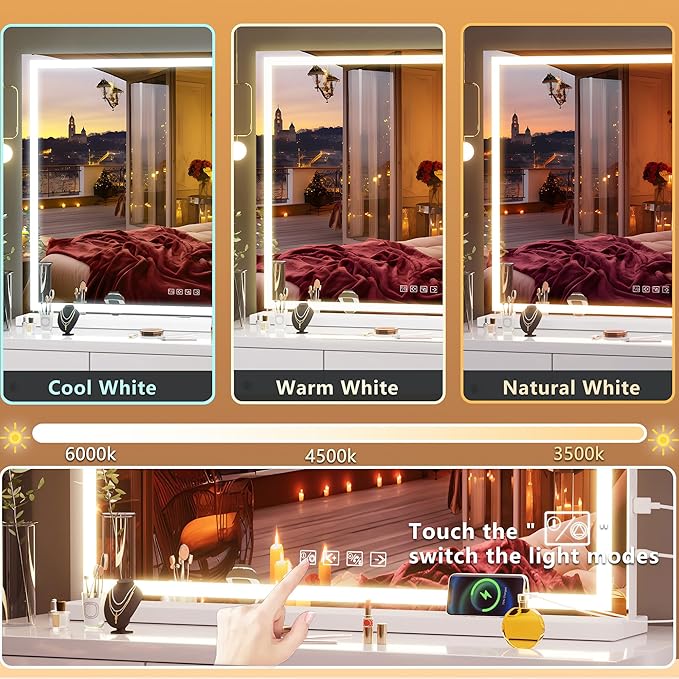 Hasipu Vanity Mirror with Lights and Bluetooth Speaker, 40" x 29.5" LED Makeup Mirror, Lighted Makeup Mirror with Dimmable 3 Modes, USB Charging Port, Square White