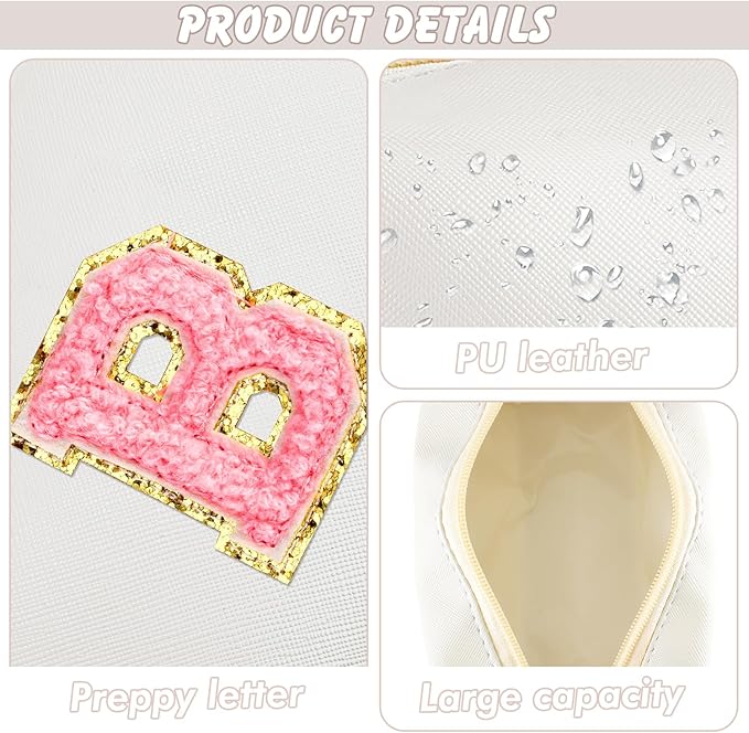 Initial Makeup Bag Personalized Preppy Travel Small Cosmetic Bag Cute PU White Chenille Letter Makeup Pouch for Purse Waterproof Zippered Toiletry Organizer for Women Girls Kids Friends (B)