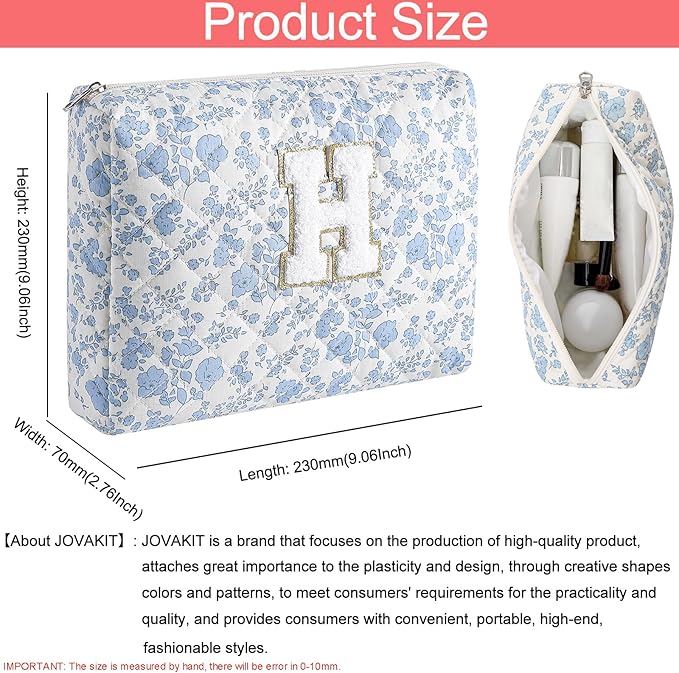 JOVAKIT Alphabet Makeup Bag Cosmetic Bag for Women, Christmas Gifts for Girls Age 6-18, Floral Flowers Coquette Travel Toiletry Zipper Make Up Pouch Organizer Trendy Stuff (2Pcs Blue Floral H)