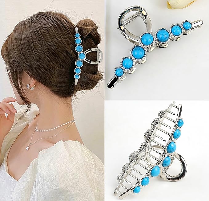 SINIDE Turquoise Blue Stone Hair Claw Clips, Large Metal Retro Bowknot Claw Clip for Women Strong Hold Non-Slip Catch Barrette Jaw Clamp for Long Thick Hair, Fashion Styling Accessories (2 Pack)