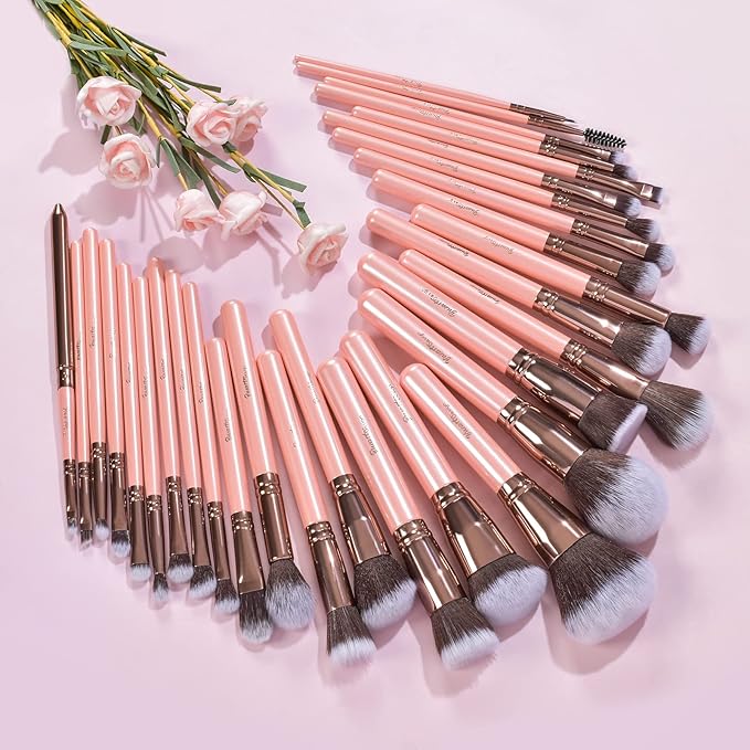 Bueart Design Labeled 30Pcs Professional Deluxe Makeup Brushes set with Extra large holder case for Foundation Face Blending Blush Concealers Eyeshadow