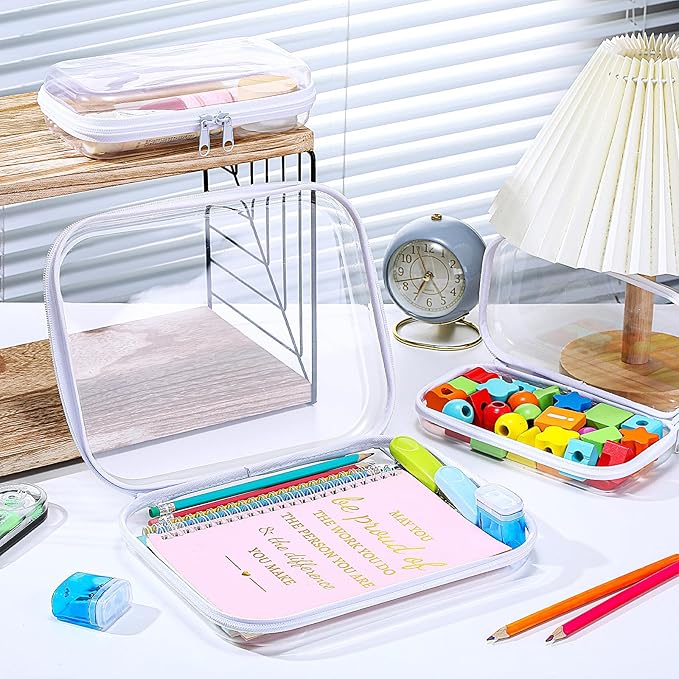 Hoolerry 3 Pcs Clear Hard Zipper Case Plastic Pouch Transparent Hard Case Clear Makeup Bag Portable Travel Organizer Bin for Cosmetics, Building Blocks, Puzzles(White,Mss)