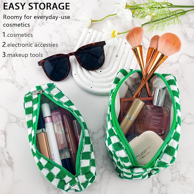 2Pcs Checkered Pencil Case Cute Pencil Pouch for Teens Checkered Makeup Bag Travel Cosmetic Bag Set Cute Makeup Pouch for Purse Portable Zippered Skincare Bags Preppy Toiletry Bags Organizer(Green)