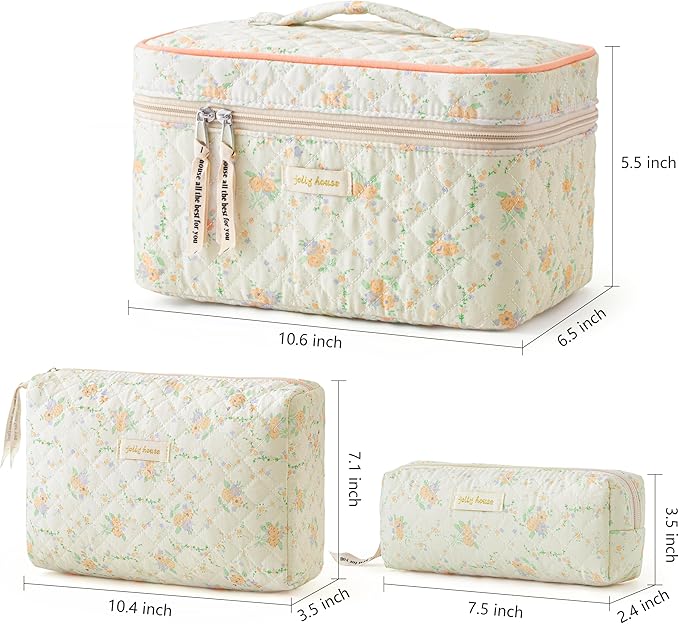 HBselect Quilted Makeup Bag, 3PCS Cotton Large Travel Makeup Bag, Cute Floral Coquette Make up Bag Cosmetic Bag Toiletry Bag for Women Girls
