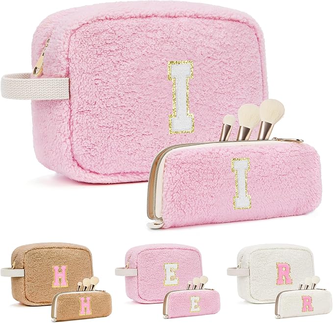 2PCS Makeup Bag with Initials, Christmas Day Gifts for Teen Girls Trendy Stuff, Personalized Cosmetic Travel Bag Pouch for Granddaughter, Cute Plush Make up Bags for Birthday - Pink I