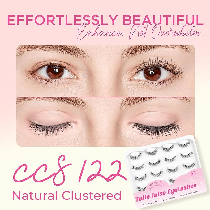 BEPHOLAN False Eyelashes With Tweezers- Ultra-thin False Lashes10 Pairs Eyelashes Pack Natural look Lash Strips Lightweight Lashes with Soft Clear Band(CCS122)