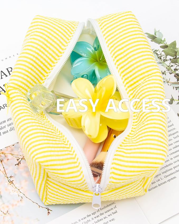 PAZIMIIK 2PCS Cozy Makeup Bag Small Aesthetic Travel Zipper Cosmetic Pouch for Women Make Up Beauty Accessories Brushes, Stripe Yellow