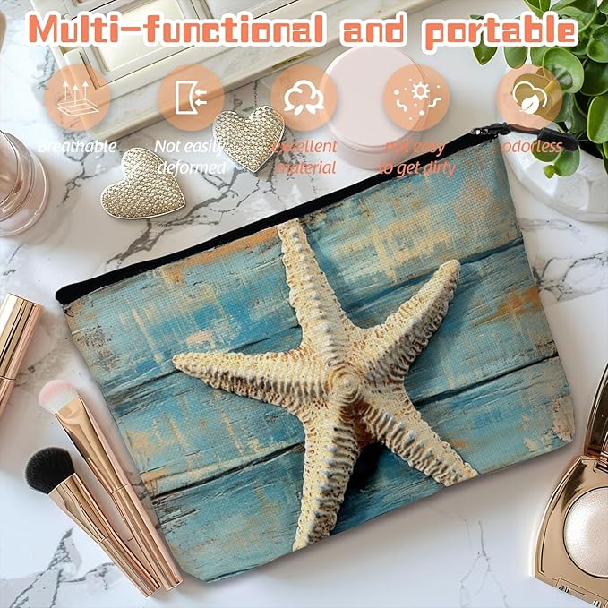 Cosmetic Bags Travel Makeup Toilet Case Waterproof Pouch for Women Girls 6.7X9.45inches - Starfish on A Weathered Blue Wooden Board