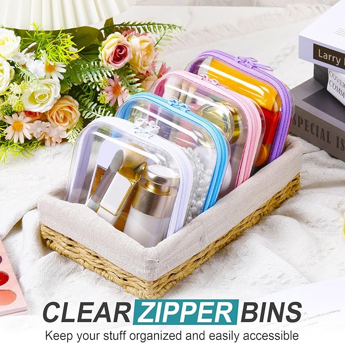 Hoolerry 4 Pcs Hard Clear Zipper Case Makeup Bags Plastic Pencil Pouch Transparent Storage Box Containers for Cosmetics, Snacks, Building Blocks, Puzzles(Multicolor,5 x 5 x 2 in)