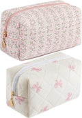 JOVAKIT Square Makeup Bag Cute Cosmetic Bag for Women, Floral Coquette Aesthetic Toiletry Bag, Zipper Make Up Pouch, Travel Make Up Organizer Bag (Pink Floral+Pink Bow Tie)