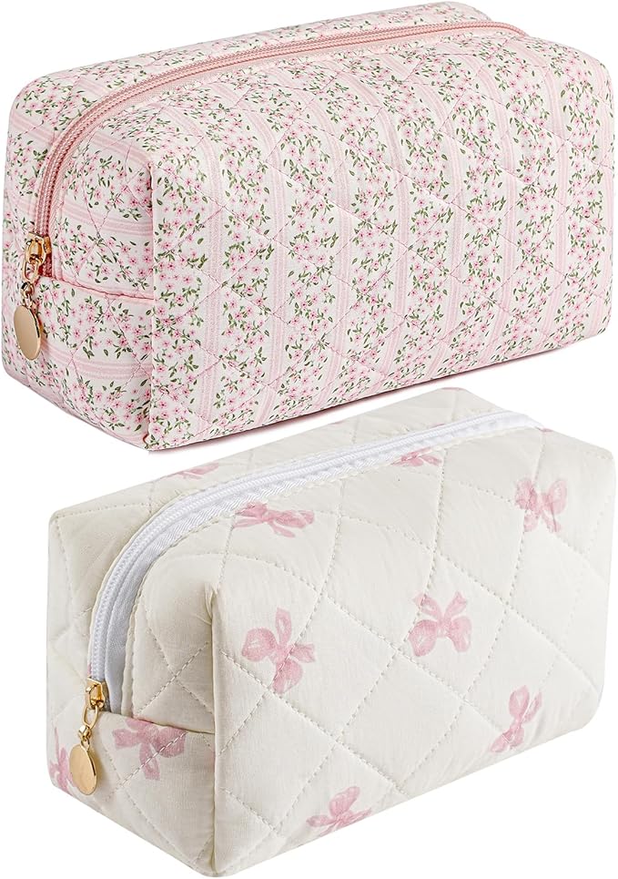 JOVAKIT Square Makeup Bag Cute Cosmetic Bag for Women, Floral Coquette Aesthetic Toiletry Bag, Zipper Make Up Pouch, Travel Make Up Organizer Bag (Pink Floral+Pink Bow Tie)