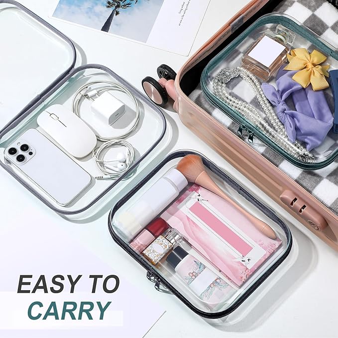 Sanwuta 6 Pcs Clear Hard Zipper Case Hard Plastic Zipper Pouches Makeup Bag Pencil Pouches Transparent Cases for Snacks Plastic Storage Organizer Box for Travel(Blue-green,7.87 x 5.9 x 2 Inch)