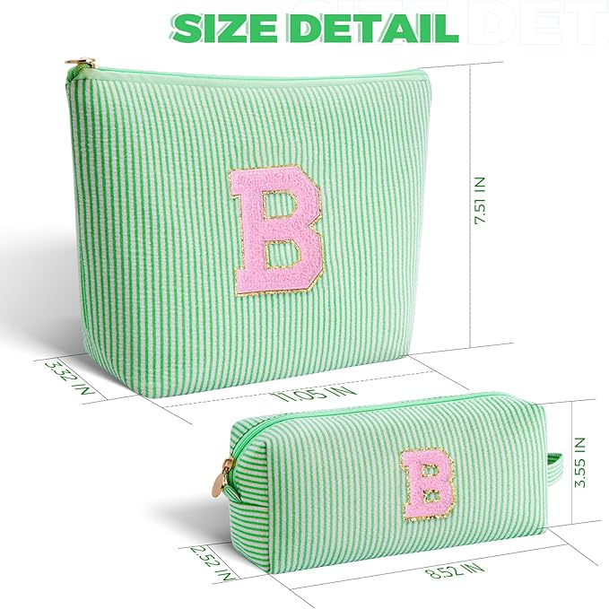 Bridesmaid Gifts Wedding Day - Bridal Shower Gifts,Maid of Honor Gifts,Initials Makeup Bag Set Cosmetic Bag - Green,B