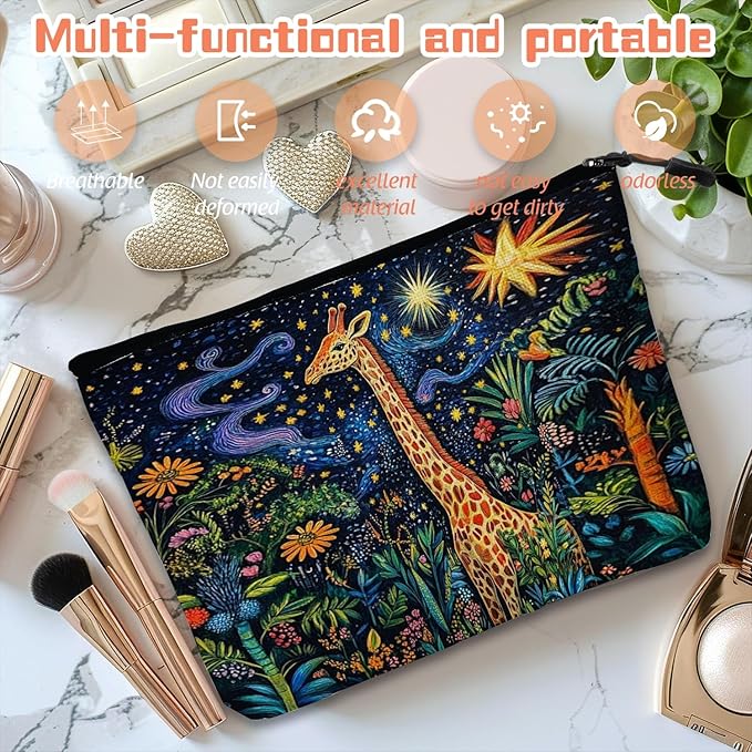 Cosmetic Bags Travel Makeup Toilet Case Waterproof Pouch for Women Girls 6.7X9.45inches - Giraffe in A Starry Jungle in A Colorful Illustration