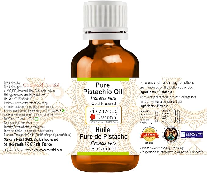 Greenwood Essential Pistachio Oil (Pistacia vera) | Cold Pressed | Natural | Undiluted | For Diluting Essential Oils | For Skin & Massage | Men & Women | 5ml (0.16 oz)