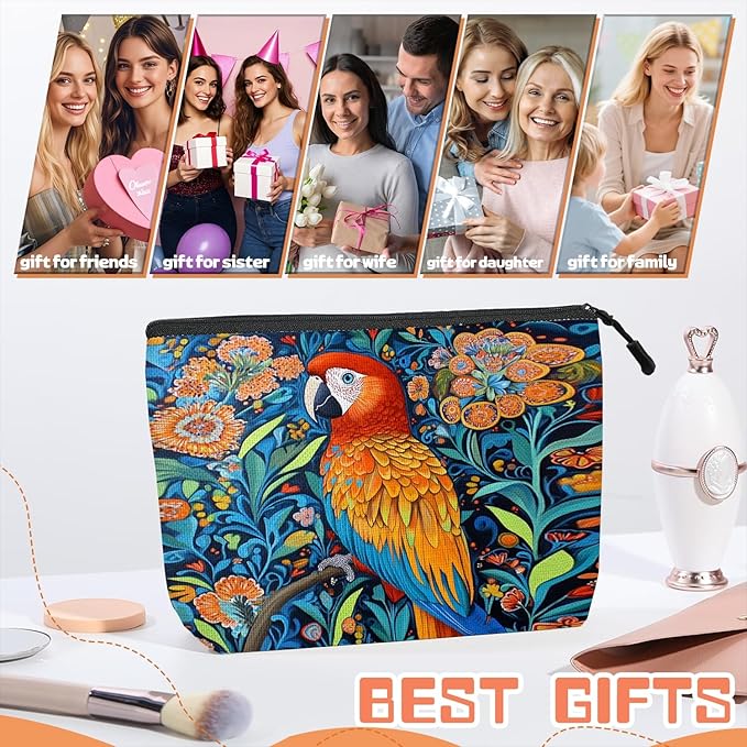 Cosmetic Bags Travel Makeup Toilet Case Waterproof Pouch for Women Girls 6.7X9.45inches - Colorful Macaw Stands on Branch