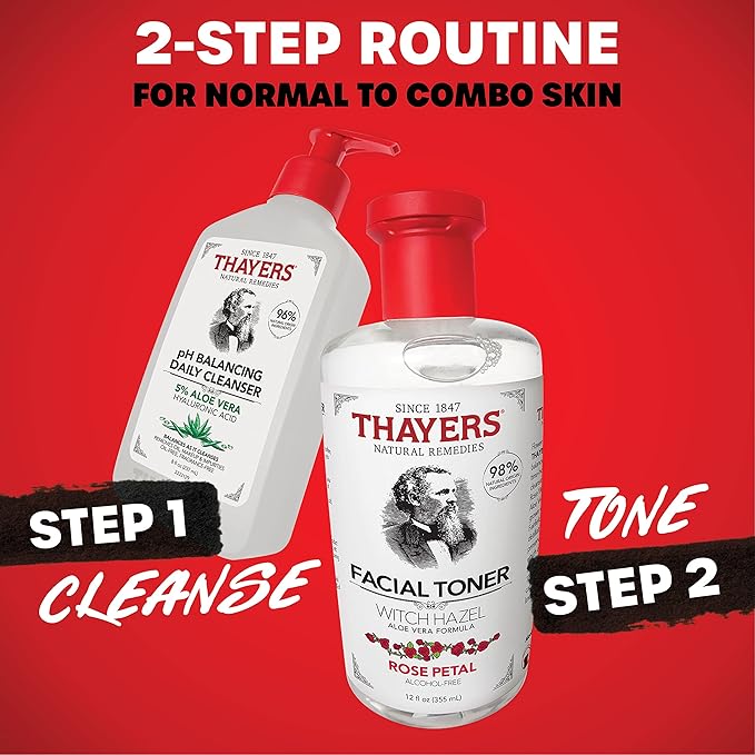 THAYERS Alcohol-Free, Hydrating Rose Petal Witch Hazel Facial Toner with Aloe Vera Formula, Vegan, Dermatologist Tested and Recommended, 12 Oz (Pack of 2)