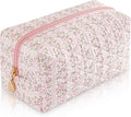 Makeup Bag Travel Toiletry Bag for Women, Small Cosmetic Bags Cute Quilted Cotton Makeup Pouch for Purse Emergency Bag for School Floral Pencil Case Accessory Bag, Pastel Pink