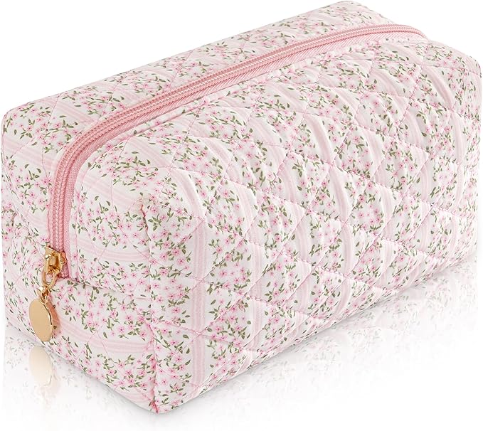 Makeup Bag Travel Toiletry Bag for Women, Small Cosmetic Bags Cute Quilted Cotton Makeup Pouch for Purse Emergency Bag for School Floral Pencil Case Accessory Bag, Pastel Pink