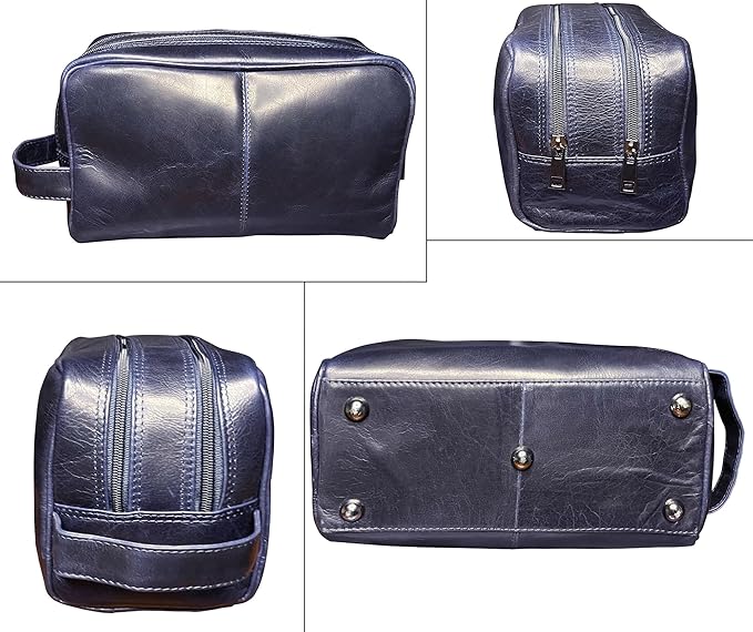 RUSTIC TOWN Leather Toiletry Bag for Men - Travel Shaving Ditty Kit - Bathroom Shower Toiletries Organizer - Leather Cosmetic Bag for Women (Oxford Blue)