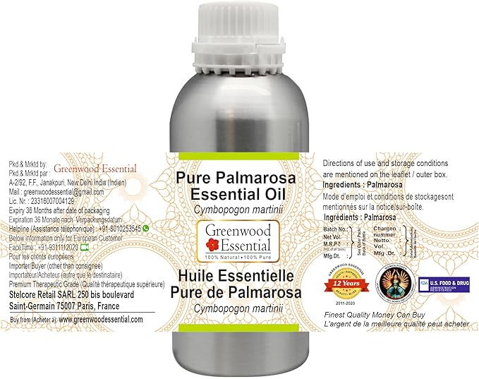 Greenwood Essential Pure Palmarosa Essential Oil (Cymbopogon martinii) Steam Distilled 630ml (21.3 oz)