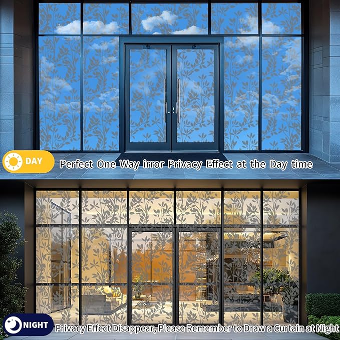One Way Privacy Film, Window Tint for Home,Daytime Reflective, Anti UV Static Cling Sliding Door Coverings No Glue Garage Solar Paper (Silver-Leaves, 35.4X 78.7 in)
