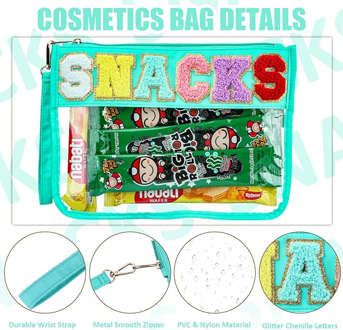 2 Pcs Snacks Bag Gifts Cosmetic Makeup Bag with Chenille Letter Patch, Clear Pouch PVC Organizer Purse, Waterproof Travel Bag, Portable Toiletry Storage Bag for Her Girls Friends Women