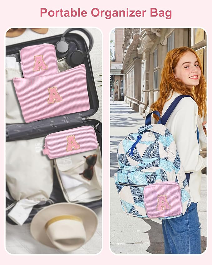MONSTINA Personalized Initial Makeup Bag for Women,Monogram Make Up Case for Girlfriend Bridesmaid Wife,Birthday Gift for Her Cute Toiletry Bag,3PCS,Pink S