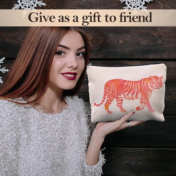 Preppy Tiger Makeup Bag, Trendy Pink and Orange Tiger Cosmetic Bags for Women, Tigers Gifts Makeup Pouch, Animal Lovers Gift Zipper Pouch