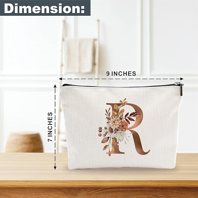 A-Z Boho Personalized Cosmetic Bag-Floral Cotton Letter Makeup Bag With Zipper-Artistic Cosmetic Bag For Travel-Bride,Birthday Gift For Women Daughter Friends-Women Makeup Organizer-A18
