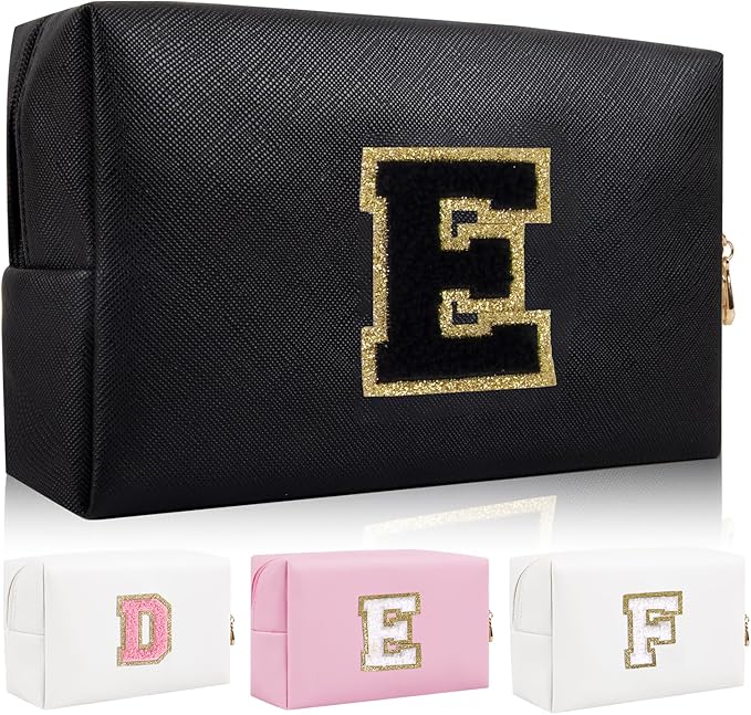 Personalized Initial Letter Patch Makeup Bag, Preppy Portable Chenille Cosmetic Bag with Zipper, PU Leather Waterproof Travel Toiletry Bag Monogram Make Up Pouch for Women Girls