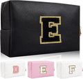 Personalized Initial Letter Patch Makeup Bag, Preppy Portable Chenille Cosmetic Bag with Zipper, PU Leather Waterproof Travel Toiletry Bag Monogram Make Up Pouch for Women Girls